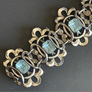 Vintage 1950 Napier silver tone blue rhinestone statement bracelet.